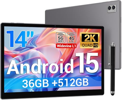 DEEMWOLF 14 inch Tablet Android 15,large screen tablets Octa-Core,36GB RAM+512GB ROM (TF 2TB),11580mAh,20W,13+8MP, Face ID,TÜV, GMS, BT5.0, GPS, Tablet With Pen - (Grey)