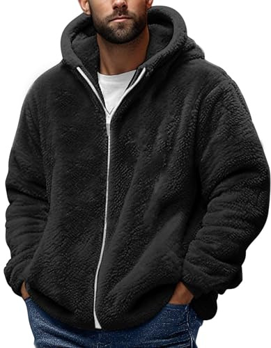 Mens Teddy Fleece Hoodies Full Zip Warm Sherpa Fleece Soft Fluffy Hooded Sweat Jackets Casual Comfy Thermal Thick Fall Winter Coats oversized fleeces hoodie Black L