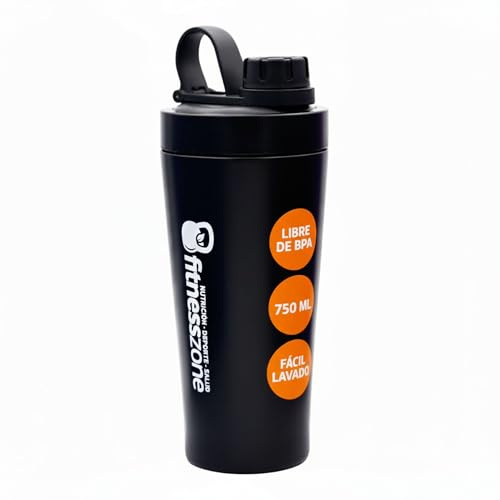 FitnessZone Shaker Proteinas Acero Inoxidable 750ml - Botella Proteinas Mezclador, Anti-Derrames, Cierre Hermetico, Facil de Lavar, Mantiene la Temperatura, Libre de BPA, Facil Transporte