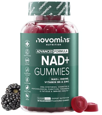 NAD+ Gominolas - Nicotinamida, Yodo, Vitamina B6 y Zinc - Apoya la Síntesis del ADN, la Función Cognitiva y el Metabolismo Energético - Vegano y Sin Azúcar - 60 Gominolas de NAD Plus - Novomins