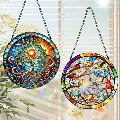 2pcs Atrapasoles de Acrílico, 20cm Atrapasol Acrílico Coloreado Colibrí de Vidrieras, Decoración de Suncatcher Hecha a Mano, Árbol de la Vida Atrapa el Sol, Atrapador de Sol Colibrí para Jardín Balcón