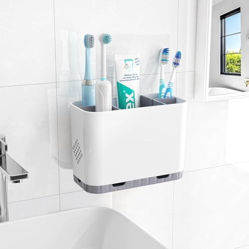 5 Slots Detachable Toothbrush Holder Set - for Bathroom Countertop | Wall Mounted Electric & Manual Toothbrush Holder with Removable Dividers, Family Bathroom Accessories Organiser