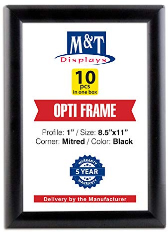 M&T Displays Opti Snap Poster Frame 8.5x11 Inch Black 1 Aluminum Profile Front Loading Wall Mounting Photo Picture Document Certificate Sign Holder Mitered Corner Anti Glare Cover (10 pack)