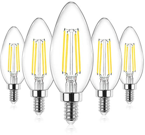 Ascher Bombillas LED E12 para candelabro equivalente a 60 W, luz blanca diurna 5000 K, no regulable, 550 lúmenes, bombillas de filamento LED transparente, paquete de 5