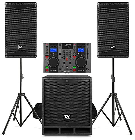 Power Dynamics COMBO1500 PA System for DJ - 800W DJ Setup with 15 Subwoofer, Dual 8 Speakers, Bluetooth, Vonyx CDJ450 CD Mixer, Stands & Cables, DJ Equipment Packages