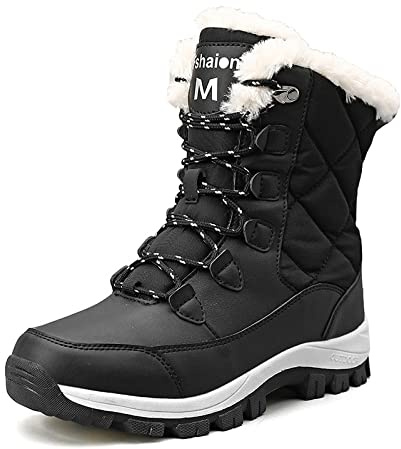 FLIOZY Bottes de Neige Femme Doublure Chaude Fausse Fourrure Bottes Bottes d'hiver Imperméable Antidérapant Bottes Mi-Mollet Extérieur Lacets Boots