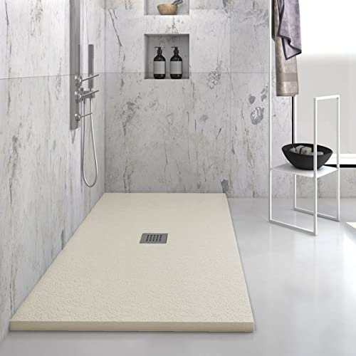 Yellowshop - Piatto doccia rettangolare marmoresina base 90 cm h 2,5 cm HEAVY Sabbia con sifone, piletta e copripiletta inox (Cm 90x160)
