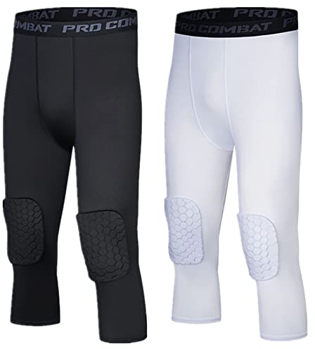 HULG Pantalon Rembourré avec Genouillères 3/4 Capri Pantalon De Compression pour Basketball Football Baseball Tailles Jeunes Et Adultes (combination-01,L)