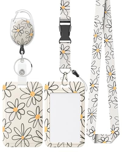 Uniclife Floral Sliding Badge Holder White Flower Plastic Case with Retractable Badge Reel Carabiner Clip & Detachable Lanyard Strap Fashionable Vertical Card Protector for Women Nurse Teacher Student