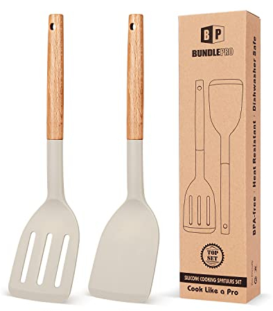 Pack of 2 Silicone Cooking Spatula, Heat Resistant Solid Turner, Non Stick Slotted Spatulas with Wooden Handle,Ideal Wood Kitchen Utensils Set for Frying, Baking, Flipping, Turning