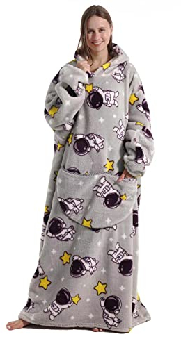 Seogva Extra Long Wearable Blanket Hoodie, Oversized Sweatshirt for Women and Men, Super Warm and Cozy Giant Hooded Blanket, Thick Flannel Blanket with Sleeves and Giant Pocket, Spaceman - Grey
