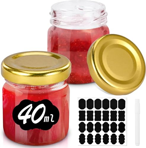 Cieex Petit Bocaux en Verre avec Couvercles de 40 ml Lot de 24 Pots en Verre avec Étiquettes et Marqueur Idéal Bocaux Hermétique pour Pot à Confiture, conserves, Miel, Mariage