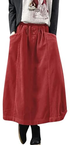 Corduroy Skirt Women's Skirt Autumn Winter Cord Women Vintage Midi Long Skirts Female Casual Lightweight Elastic Waist A Line Long Pleated with Pockets Short Skirts Streetwear for Leggings Red