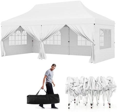 GOPLUS 3x6M Tonnelle Jardin Pliable, Hauteur Réglable, Entrées Zippées, Fenêtres, Sac de Transport, Sac Lesté Pavillon Portable Instantanée Pop-Up pour Fête,Mariage
