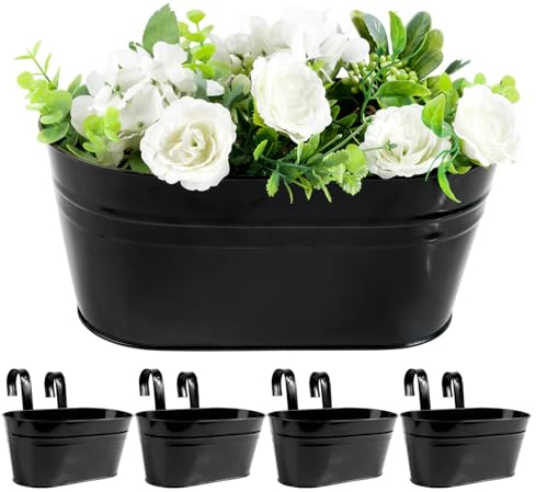 ABSDON 4Pcs Metal Hanging Flower Pots, Iron Hanging Plant Pots Planter Bucket with Detachable Hooks for Railing Fence Balcony Garden Home Decoration (Bright Black)