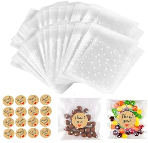 200 PCS Clear Self Sealing Cellophane Bags, Self-adhesive Dot Opp Bags, Cookie Bags Resealable Cellophane Bag for Packaging Cookies, Candy with 204 PCS Thank You Stickers for Gift Giving(10 x 15 CM)