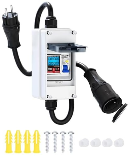 Compteur d'énergie numérique portable 230 V 80 A – KWh-mètre IP65 étanche, avec FI Type A 16 A, câble caoutchouc 3 m, idéal pour camping-cars, véhicules électriques & maison