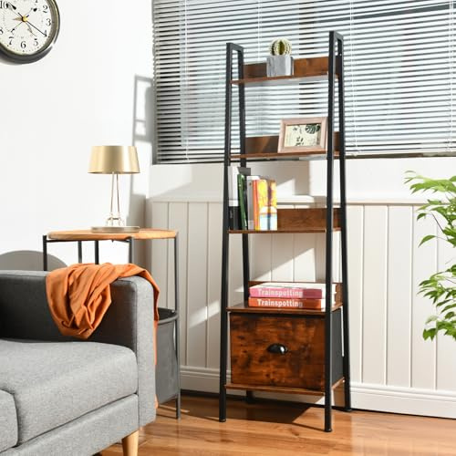 FurnitureR Étagères de Salons de Jardin, Support pour Plantes D'intérieur à 5 Niveaux, Porte Plante Escalier, Rangement avec Tiroirs en Non-Tissé, pour Salon, Balcon, Patio, Cour, 42 x 29 x 141 cm