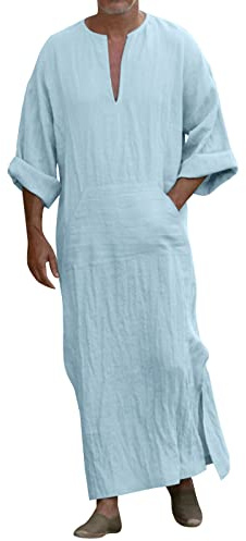 YOSUWOAI Lino Caftano Uomo Lungo Thobe Manica Corta Robe Lato Split Robes con Borse Abiti Musulmani Ramadan Abbigliamento Preghiera Abbigliamento Arabo Medio Oriente Tunica, P azzurro, XXXL