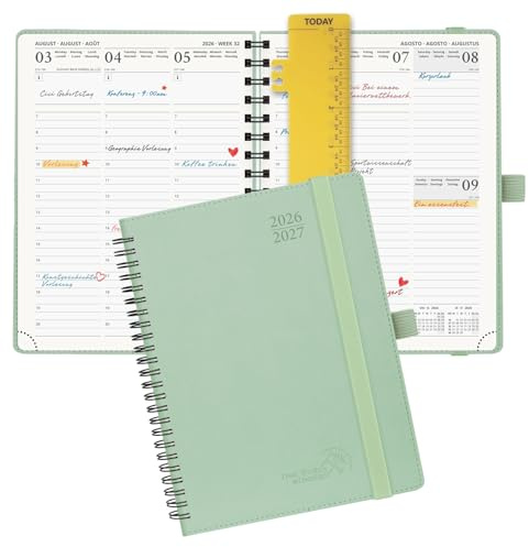 POPRUN Kalender 2026 2027 Wochenplaner (Aug.2026-Dez.2027) Ringbuch mit Softcover, ca. A5 (22 x 16,5 cm), 17-Monate-Terminplaner 1 Woche 2 Seite (Graugrün)