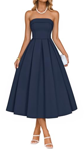 ZESICA Women's Summer Strapless Cocktail Dresses 2026 Elegant Off Shoulder Flowy A Line Wedding Guest Party Midi Dress Navy Small