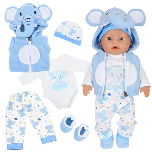 5-Pcs Blue Baby Doll Clothes for 14–17 Inch Dolls, Cute Elephant Baby Doll Outfit with Blue Jacket, Top, Pants, Hat + Socks, Baby Doll Clothing 35–43 cm, Gift for Kids(No Doll)