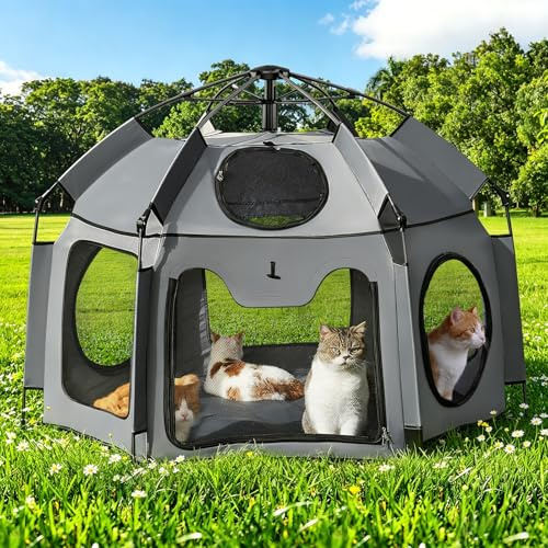 Rywell Cat Tent, Extra Large Outdoor Enclosure & Indoor Playpen, 1s Pop-Up Waterproof&Sun Shelter with Carry Bag & Stakes for Patio, Camping