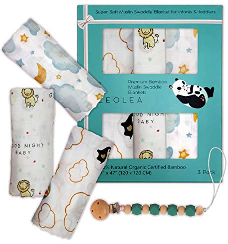 Mussole Neonato Bamboo 100% Biologico, 3 Copertine In Mussola, 120x120, Copertina Neonati Per Culla, Passeggino, Ovetto, Morbide, Sicure, Per Tutte Le Stagioni Più Portaciuccio Omaggio Leolea
