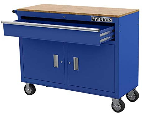 HFT YUKON Yukon 46 inches Mobile Workbench With Solid Wood Top, Blue