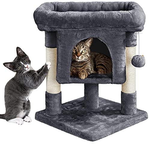 Yaheetech Árbol Rascador para Gatos Torre 3 Niveles 40,5 x 40,5 x 59 cm Centro de Actividad con Plataforma Condominio y Bola Colgante Gris Oscuro