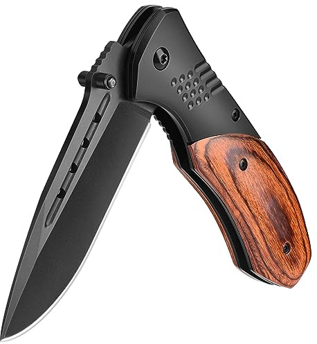 KEXMO Pocket Knife for Men, Wood Handle Folding Knives, Large, Black