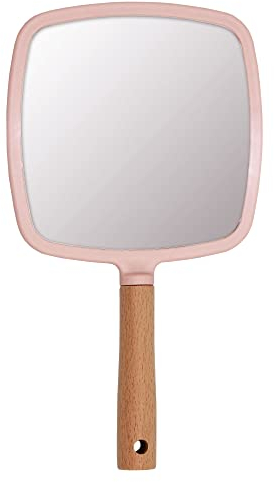 Eaoundm Espejo de mano para maquillaje, pequeño espejo de mano de madera portátil espejo de tocador de viaje para hombres y mujeres (rosa-cuadrado)
