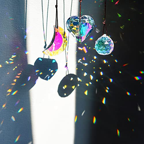 H&D HYALINE & DORA Lot de 3 pendentifs attrape-soleil en cristal - Prisme en verre - Boule en forme de cœur - Décoration de fenêtre - Prismes attrape-soleil - Pour voiture et jardin (AB)