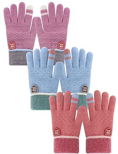 PKWEEN Winter Gloves for Toddler Kids - 3 Pairs Boys Girls Soft Warm Wool Lined Gloves Full Finger Children Thermal Knit Gloves (Pink/Sky-blue/Purple, 1-5 years old)