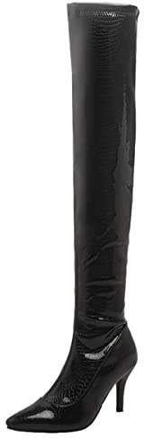 Roimaash Women Fashion Slouch Boots Overknee Stiletto High Heels Pointed Toe Dress Boots Evening Party Heels Pleated Boots Patent Black Size 46