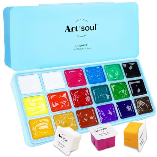 Art+soul Jelly Cup Gouache Paint,18 Vibrant Colors x 30ml/Cup with Portable Case and Palette, Non Toxic, Non odor, Ideal for Beginner, Student, teens and Artist (Blue)