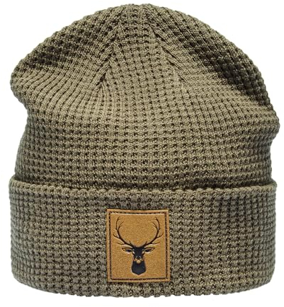 Baddery Organic Cotton Strickmütze: Hirsch mit Leder Patch - Bio Baumwolle Beanie Wintermütze für Herren & Damen - Bergsteigen Klettern Bouldern Sport Wandern Jäger Jagd Jägermütze (One Size - Grün)