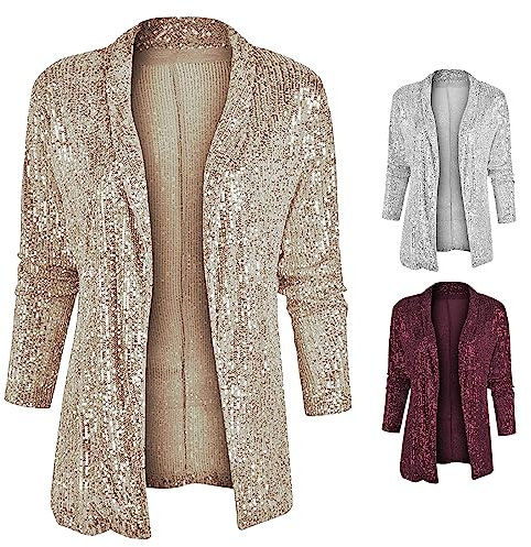 YUHYtop Damen Pailletten Cardigan Jacke Langarm Glitzer Bomberjacke Party Club Jacke Pailletten-Blazer Damen Elegant Tailliert Anzugjacke Glitzer Tops Kurz Oberteile Blazer Glitzer Outfits Clubwear