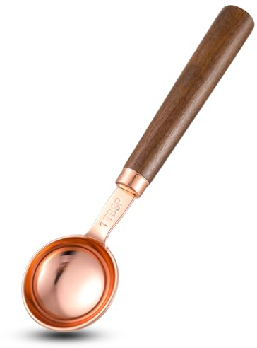 Andibro Cucchiaio dosatore da caffè, 1 pezzo da 15 ml, 1 cucchiaio retrò in oro rosa, con manico in legno di noce, cucchiaio dosatore in acciaio inox, per caffè macinato, chicchi di caffè, tè matcha