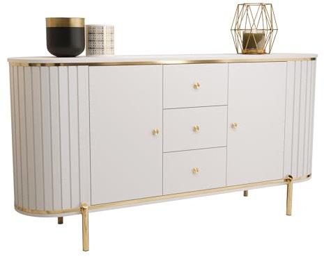 MEBLE KRYSPOL - New York - Kommode, Schrank - Aufbewahrungsmöbel - Schubladenbuffet - Salonbuffet - Halbrunde Kommode für Wohnzimmer, Flur, Eingang - 86,5x181x40 cm - Weiß, Gold