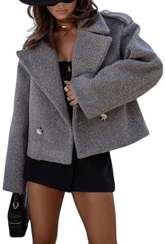 Dam Cropped Peacoat Dubbelknäppt Naggad Lapel Ull Blend Kort Vinter Trench Jacka(Gray,Large)