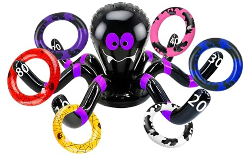 7 Piezas Juego de Lanzamiento Anillos Inflable para Niños Adultos,Divertido Juegos Piscina Araña Morado Negro Inflable,Juegos Jardin Al Aire Libre Niños Adultos,Juego para Fiesta de Halloween