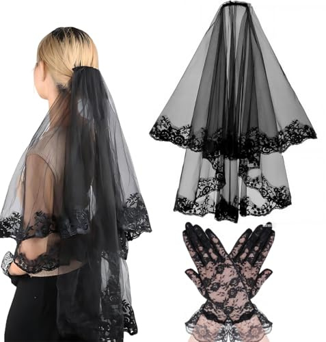 UIEXAY Velo da Sposa in Pizzo Nero, 1pcs Velo Gotico a 2 Ripiani, Guanti Corti in Pizzo Guanti da Sposa, per Halloween, Carnevale, Matrimonio, Cosplay