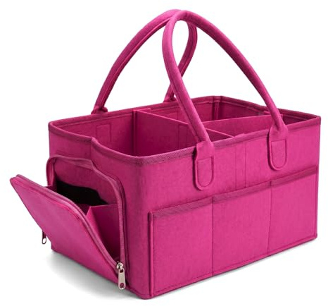 EYERIYO Organizador para cambiar pañales, 33 x 23 x 18 cm, bolsa de fieltro rosa, organizador de pañales portátil con compartimentos, bolsa de fieltro plegable