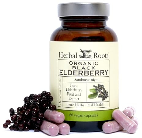 Herbal Roots Organic Black Elderberry Capsules | Max Strength | Made with Organic Sambucus | 60 Vegan Capsules