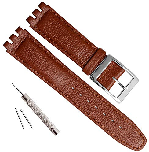 OliBoPo Bracelet de montre en cuir alligator Grain Vache - Boucle en acier inoxydable - Pour Swatch, Coutures marron/marron, 17mm, Actif