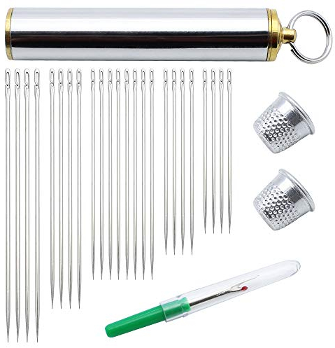 DXLing Selbsteinfädelnde Nähnadeln Set 24 Stück Haushaltsnadeln 5 Größen Einfädelnadeln Nadeln Box Nahttrenner Fingerhut Stopfnadeln mit Spitze Nähnadel Set für Blinde Anfänger Reisende
