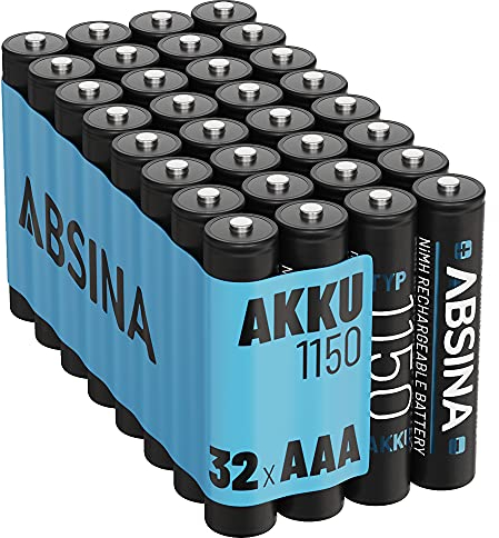 ABSINA 32x AAA Akku 1150 NiMH mit 1,2V & min. 1050 mAh - AAA Akkus wiederaufladbar für Geräte mit hohem Stromverbrauch - Batterien AAA wiederaufladbar ideal für DECT Telefon - Akku AAA Micro