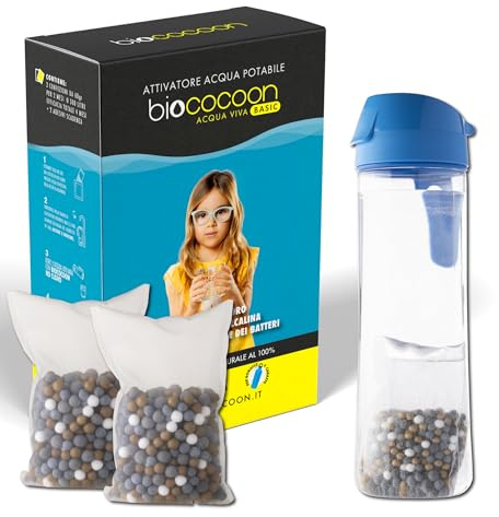 biococoon Acqua Viva BASIC + borraccia BPA Free 750 ML sacchetto filtro per acqua alcalina pH, elimina cloro per borracce, caraffe, filtranti ecc. durata totale 4 mesi