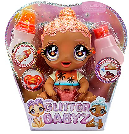 I Love U Glitter Babyz Solana Sunburst Baby Doll with 3 Magical Colour changes, Pink Hair & a Tropical Outfit. Includes Reusable Diaper, Bottle, & Pacifier. Collectable Toy For Kids Ages 3 Years Plus